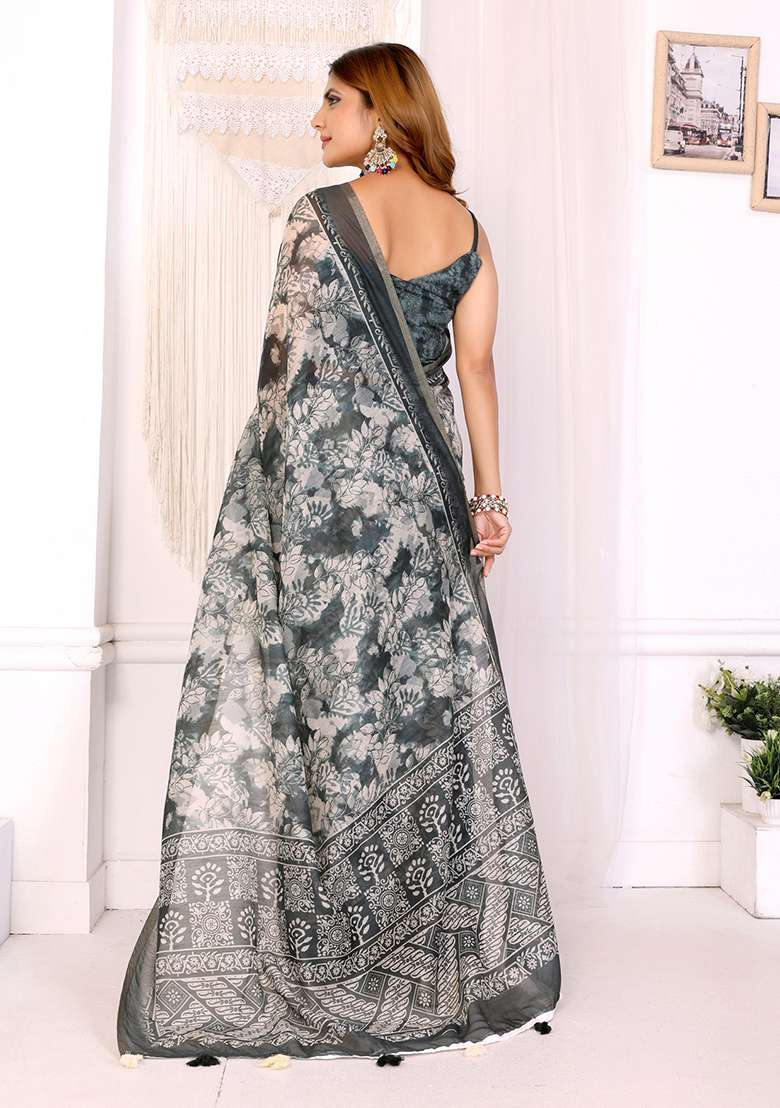 Grey Printed Linen Saree Set for Diwali and Festive Wear - Indya