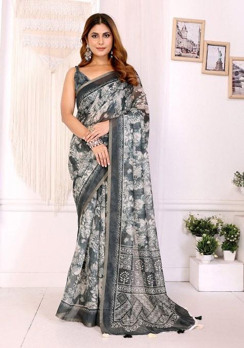 Grey Printed Linen Saree Set