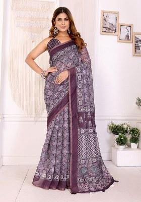 Jamun Wine Printed Linen Saree Set