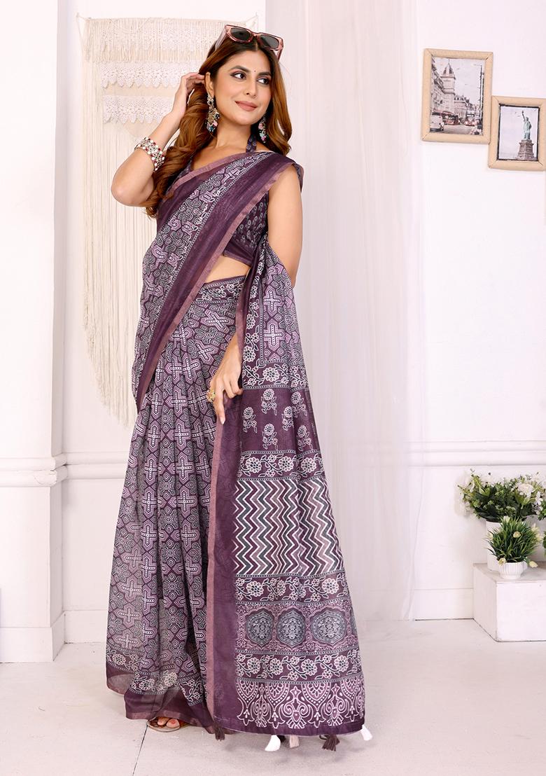 Jamun Wine Printed Linen Saree Set - Indya
