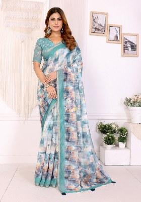 Rama Blue Printed Linen Saree Set