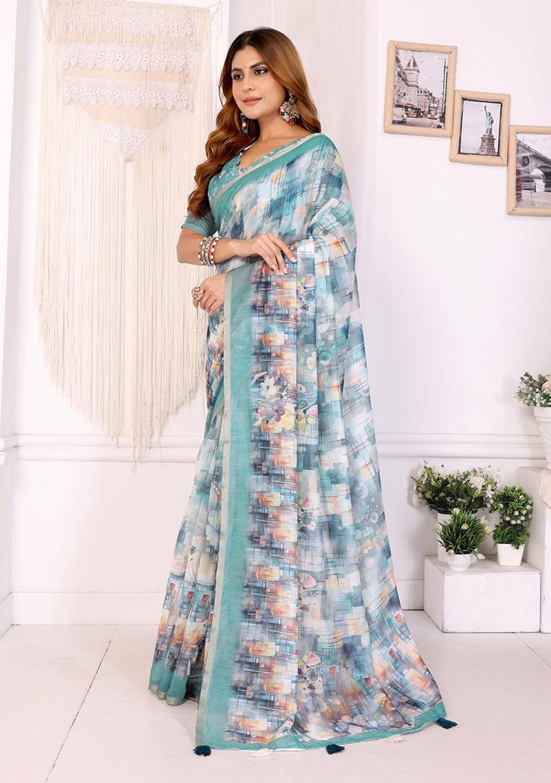 Rama Blue Printed Linen Saree Set - Indya