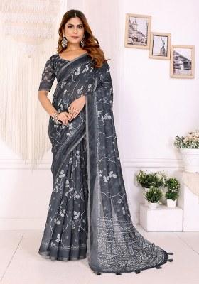 Black Printed Linen Saree Set