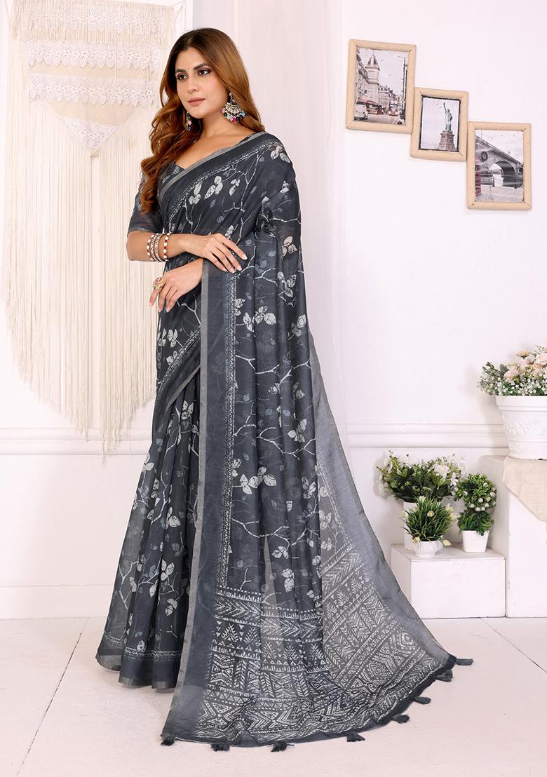 Black Printed Linen Saree Set - Indya