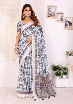 White Printed Linen Saree Set