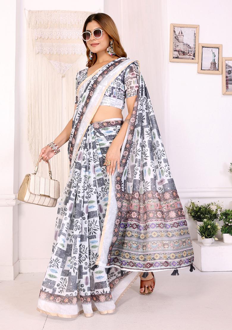 White Printed Linen Saree Set - Indya
