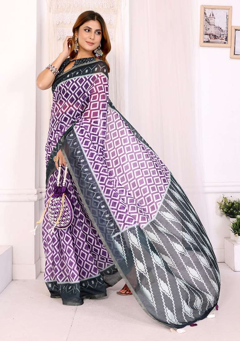 Grey Linen Saree Set with Printed for Diwali | Wedding & Festive Wear - Indya