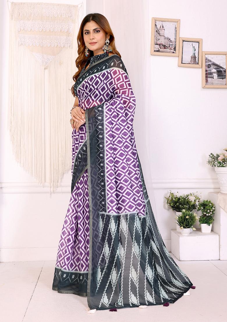 Grey Printed Linen Saree Set - Indya