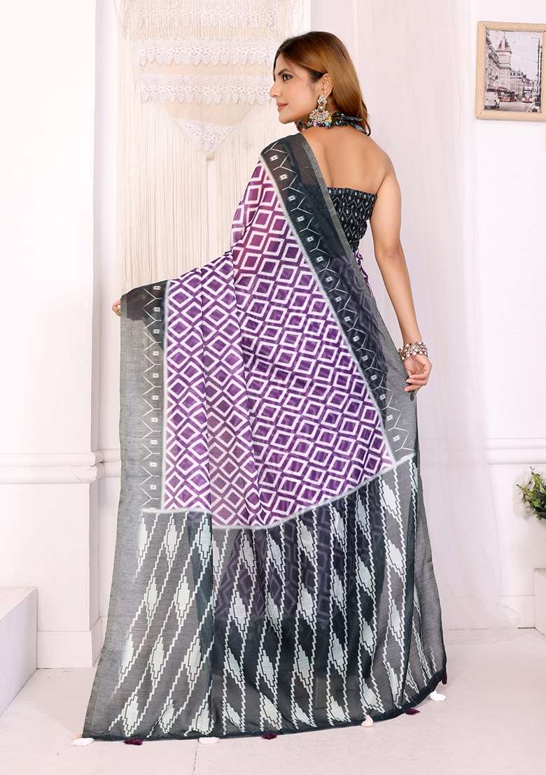 Grey Linen Saree Set with Printed for Diwali | Wedding & Festive Wear - Indya
