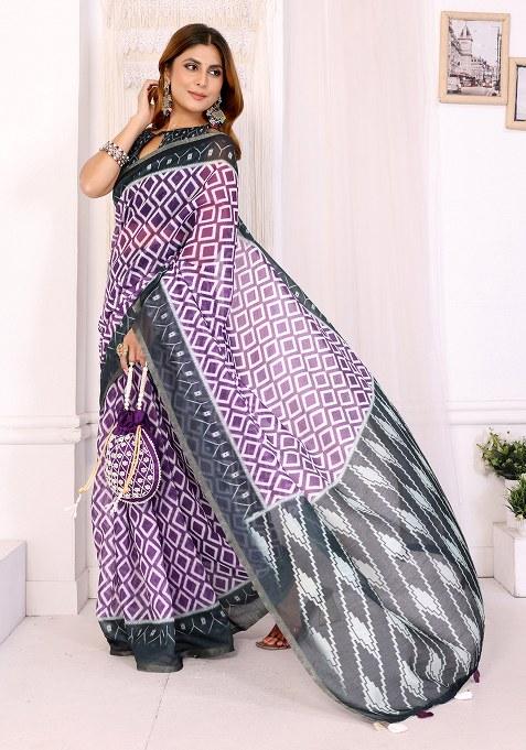 Grey Printed Linen Saree Set