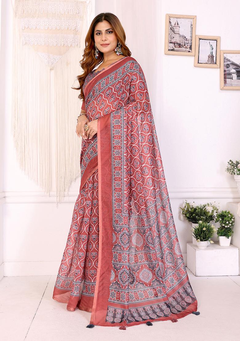 Red Printed Linen Saree Set - Indya