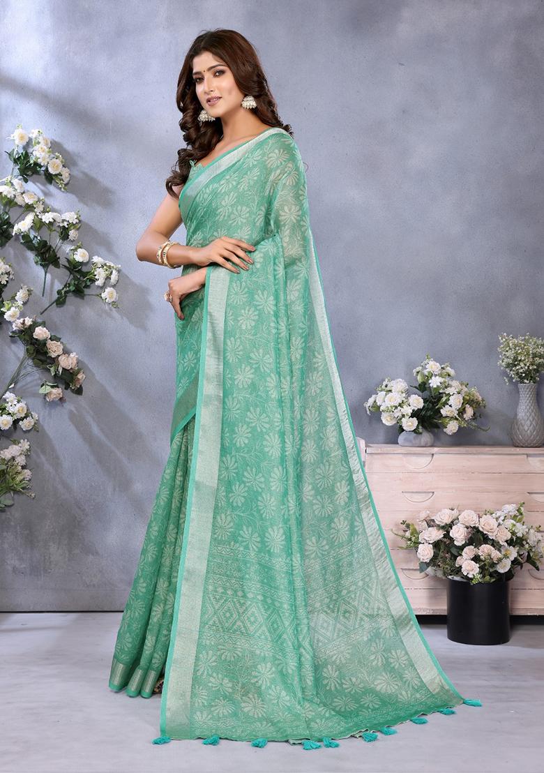 Green Printed Linen Saree Set - Indya