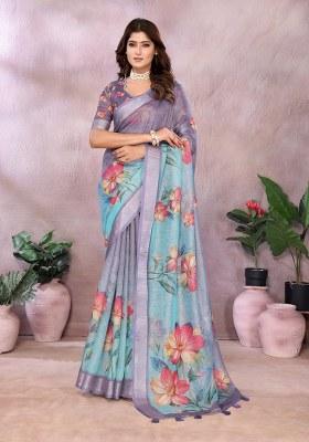 Purple Printed Linen Saree Set