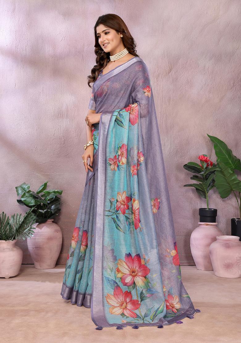 Purple Printed Linen Saree Set - Indya