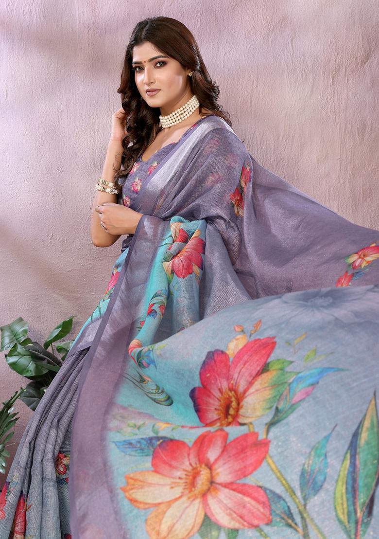 Purple Printed Linen Saree Set - Indya