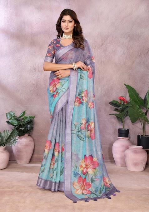 Purple Printed Linen Saree Set