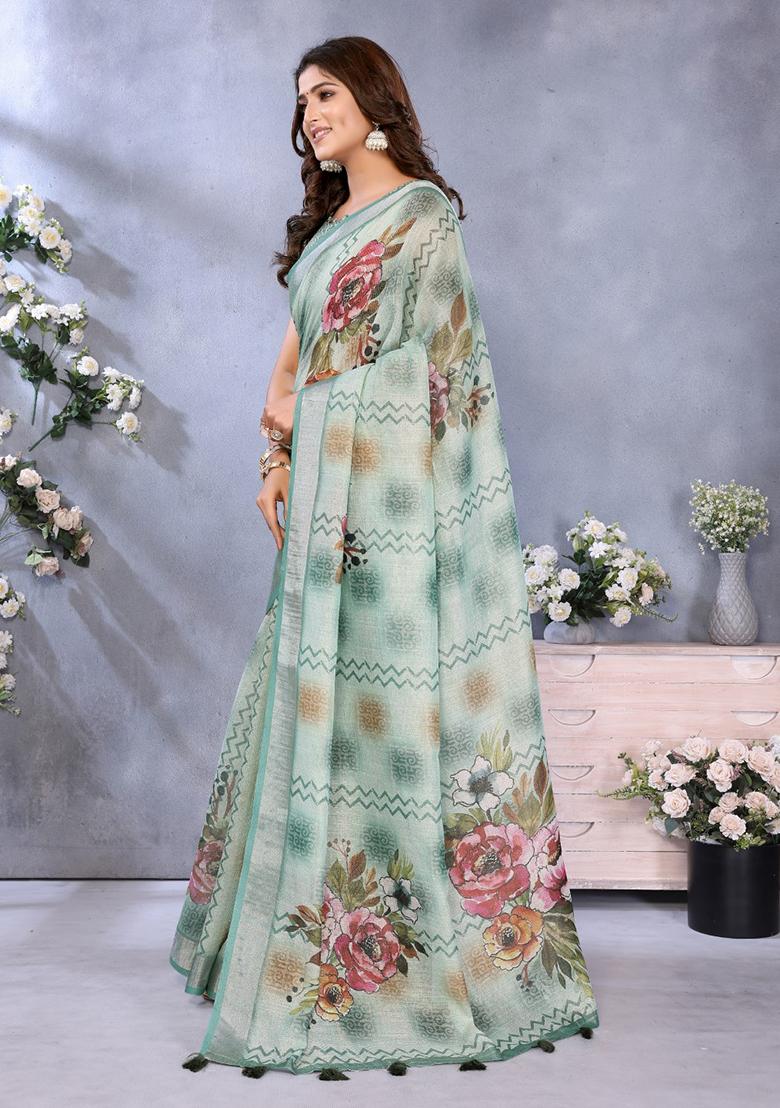 Green Printed Linen Saree Set - Indya