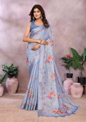 Purple Printed Linen Saree Set