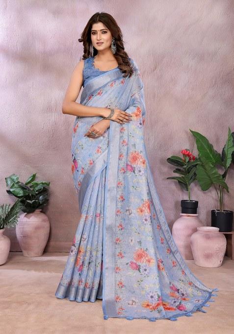 Purple Printed Linen Saree Set