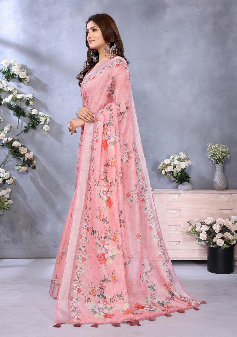 Baby Pink Printed Linen Saree Set - Indya
