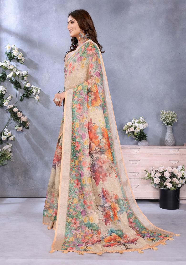 Beige Printed Linen Saree Set - Indya