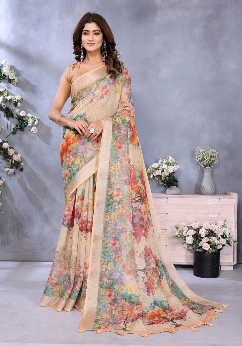 Beige Printed Linen Saree Set