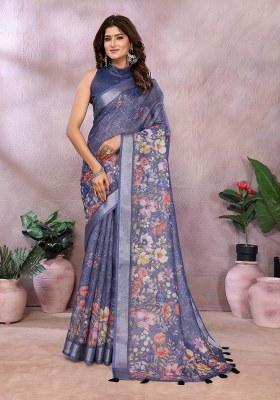 Blue Printed Linen Saree Set