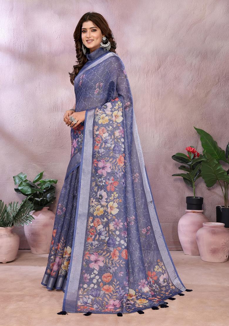 Blue Printed Linen Saree Set - Indya