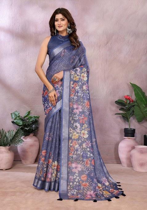 Blue Printed Linen Saree Set
