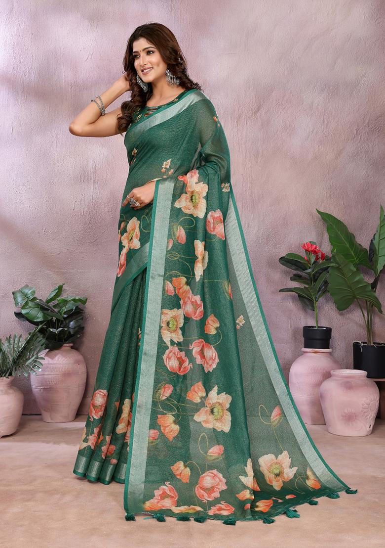 Bottle Green Printed Linen Saree Set - Indya