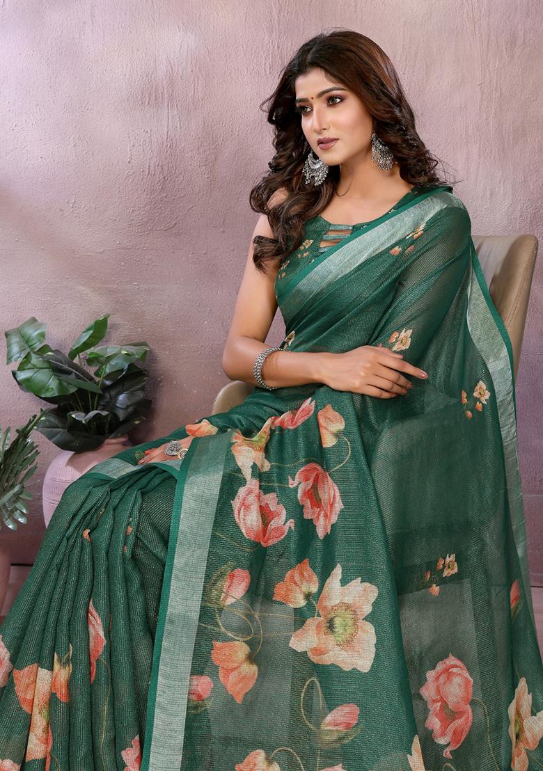 Bottle Green Printed Linen Saree Set - Indya