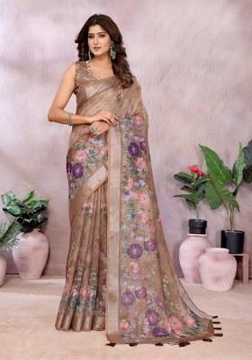 Brown Printed Linen Saree Set