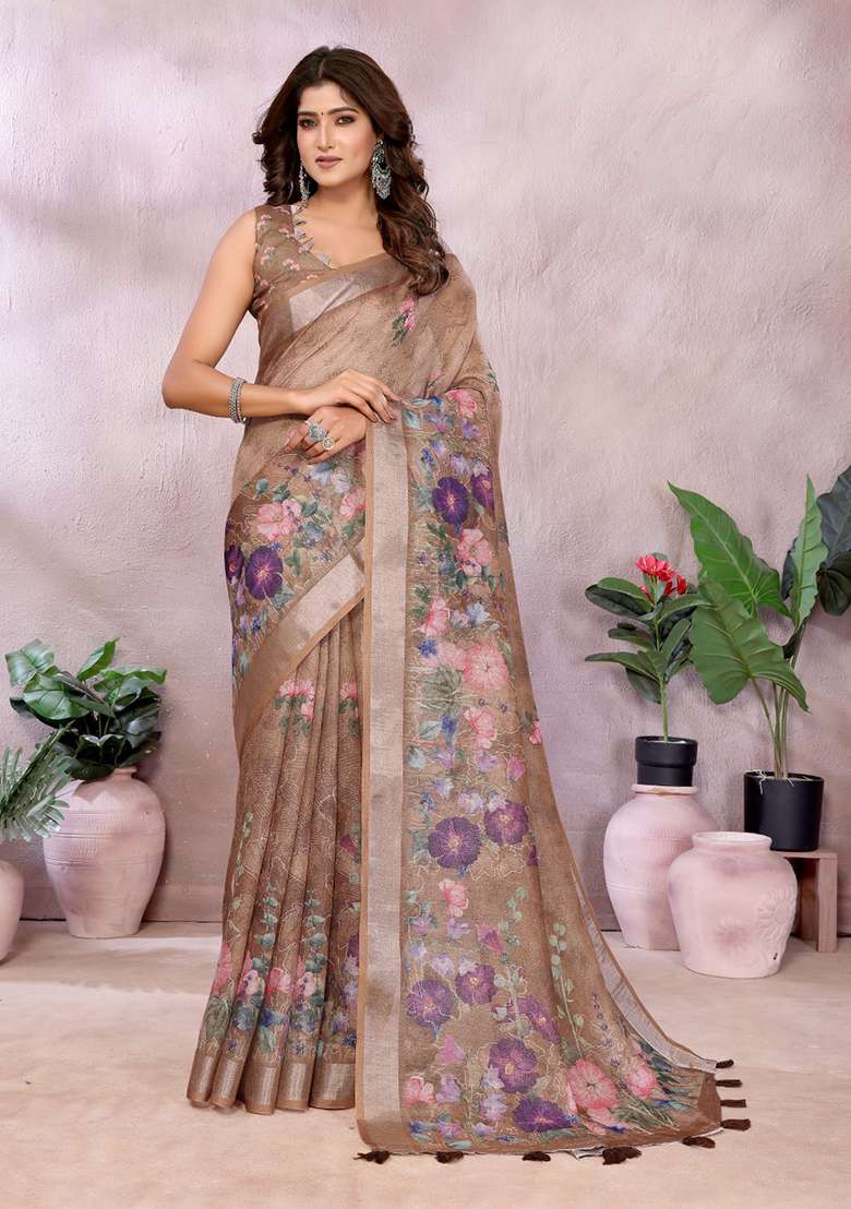 Brown Linen Saree Set with Printed for Diwali | Wedding & Festive Wear - Indya
