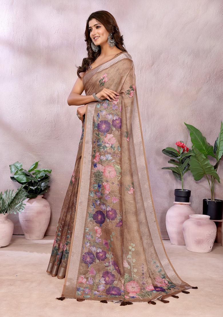 Brown Printed Linen Saree Set - Indya