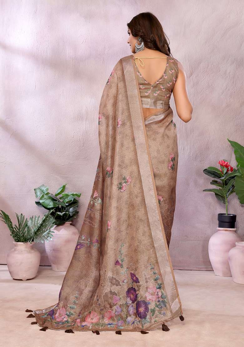 Brown Linen Saree Set with Printed for Diwali | Wedding & Festive Wear - Indya