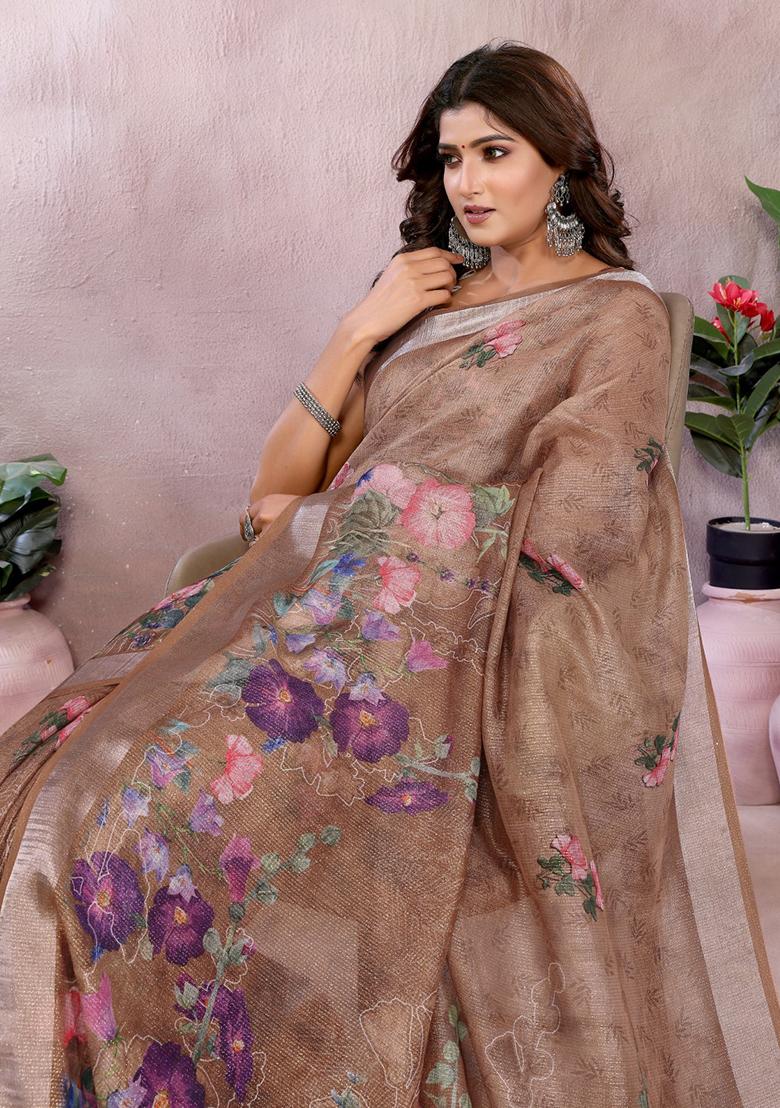 Brown Printed Linen Saree Set - Indya