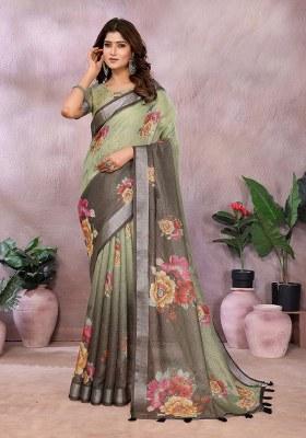 Brown Green Printed Linen Saree Set