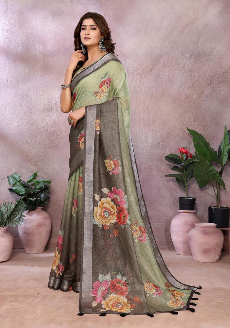 Brown Green Printed Linen Saree Set - Indya