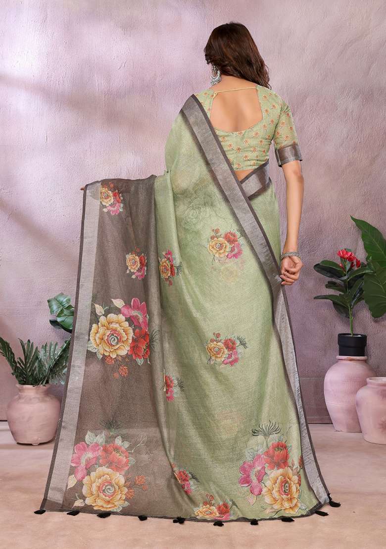 Brown Green Printed Linen Saree Set for Diwali and Festive Wear - Indya