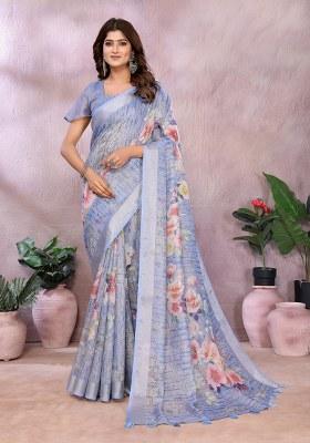 Purple Printed Linen Saree Set