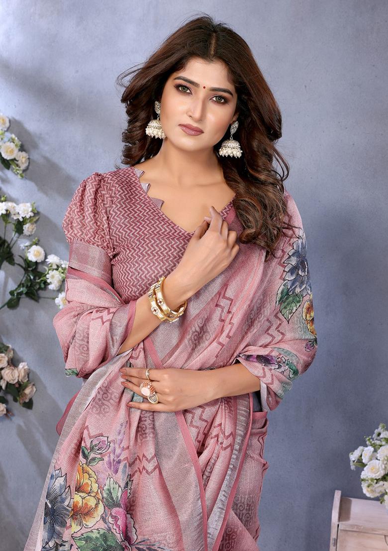 Coral Printed Linen Saree Set - Indya