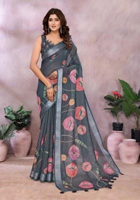 Dark Grey Printed Linen Saree Set