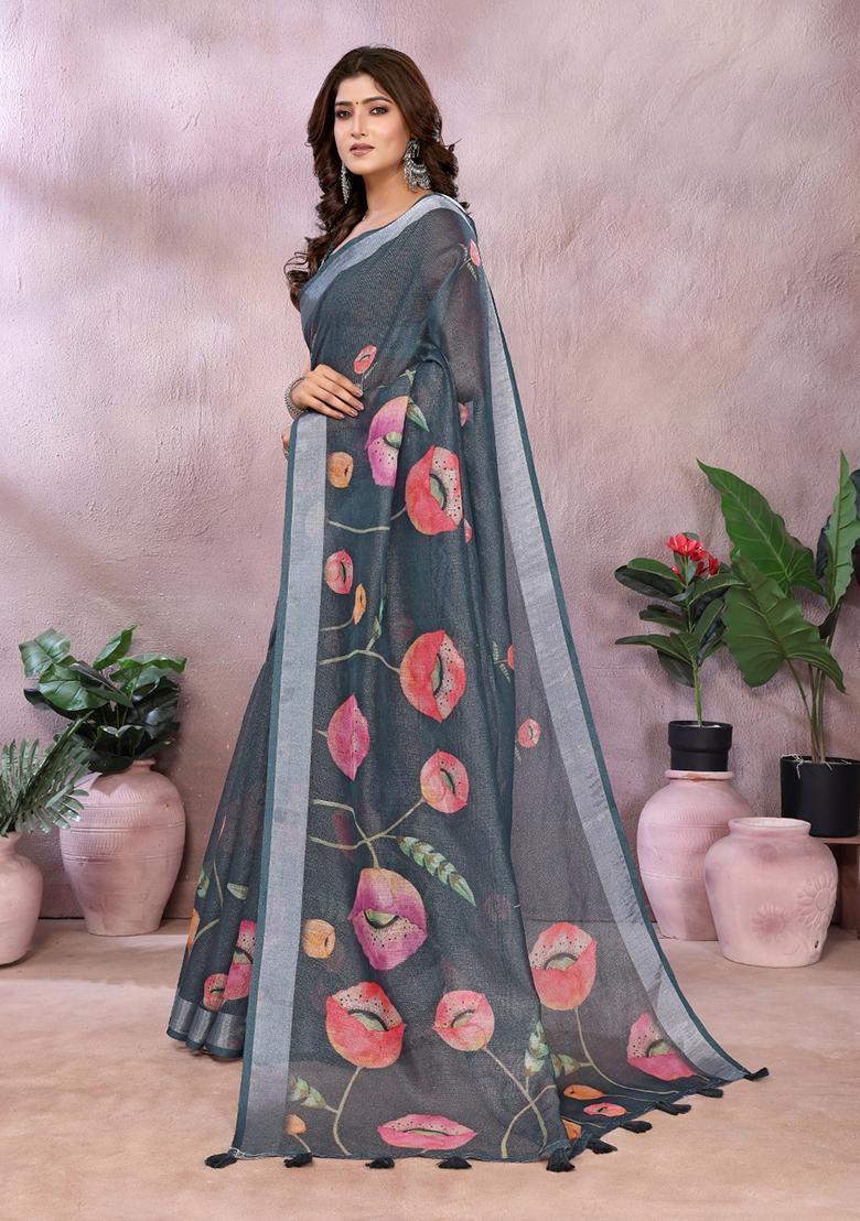 Dark Grey Printed Linen Saree Set - Indya
