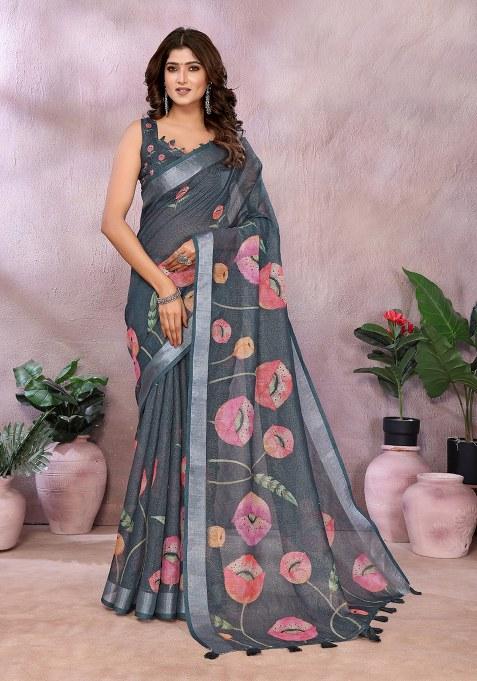 Dark Grey Printed Linen Saree Set