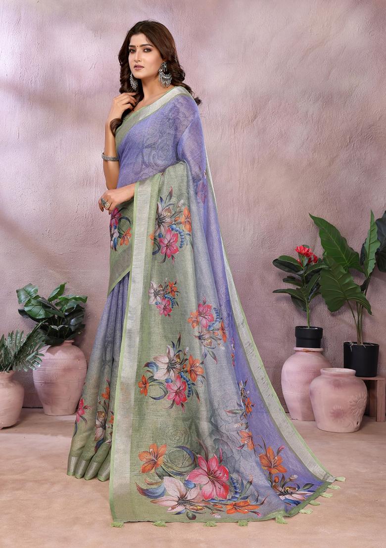 Green Purple Printed Linen Saree Set - Indya