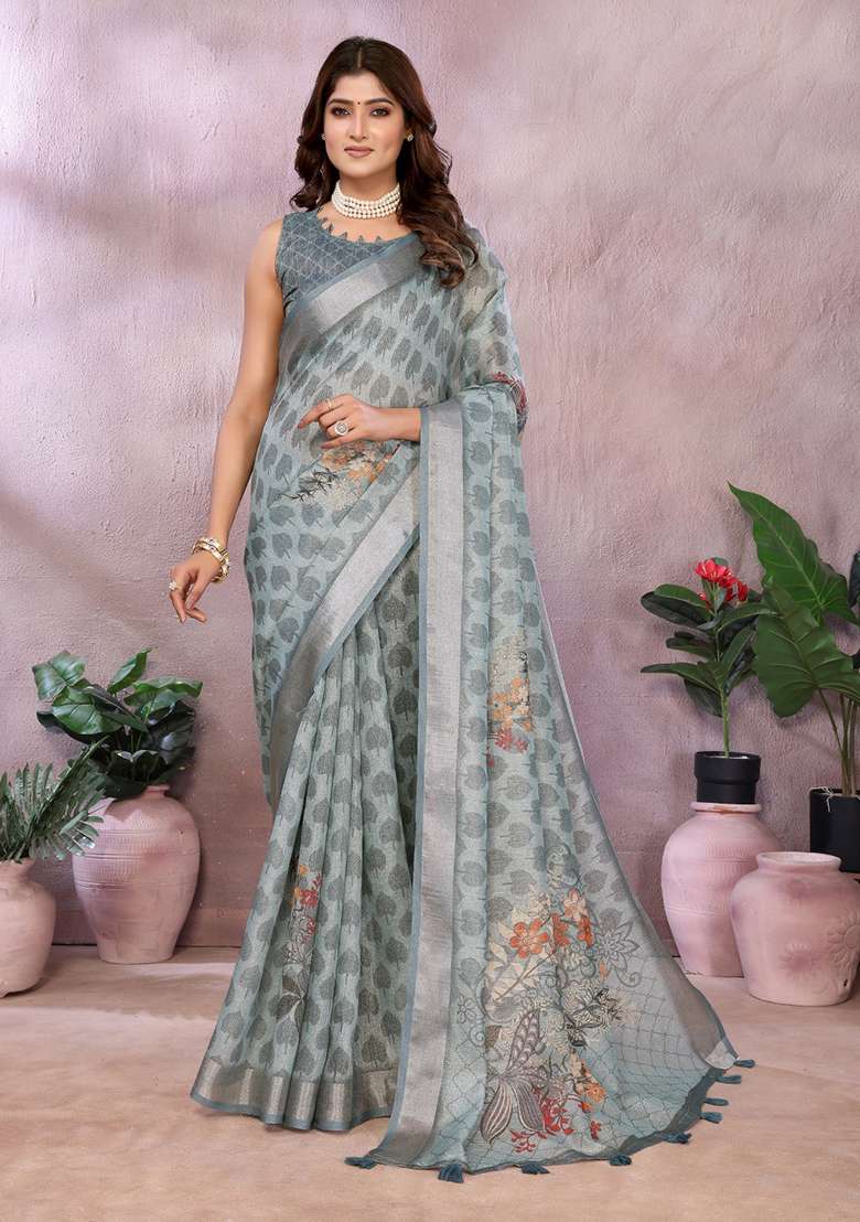 Grey Linen Saree Set with Printed for Diwali | Wedding & Festive Wear - Indya