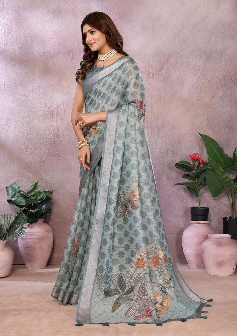 Grey Printed Linen Saree Set - Indya