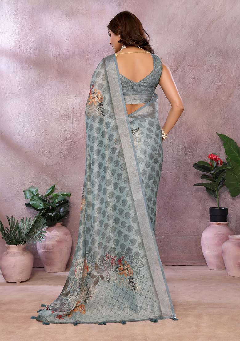 Grey Linen Saree Set with Printed for Diwali | Wedding & Festive Wear - Indya