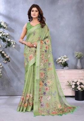 Light Green Printed Linen Saree Set