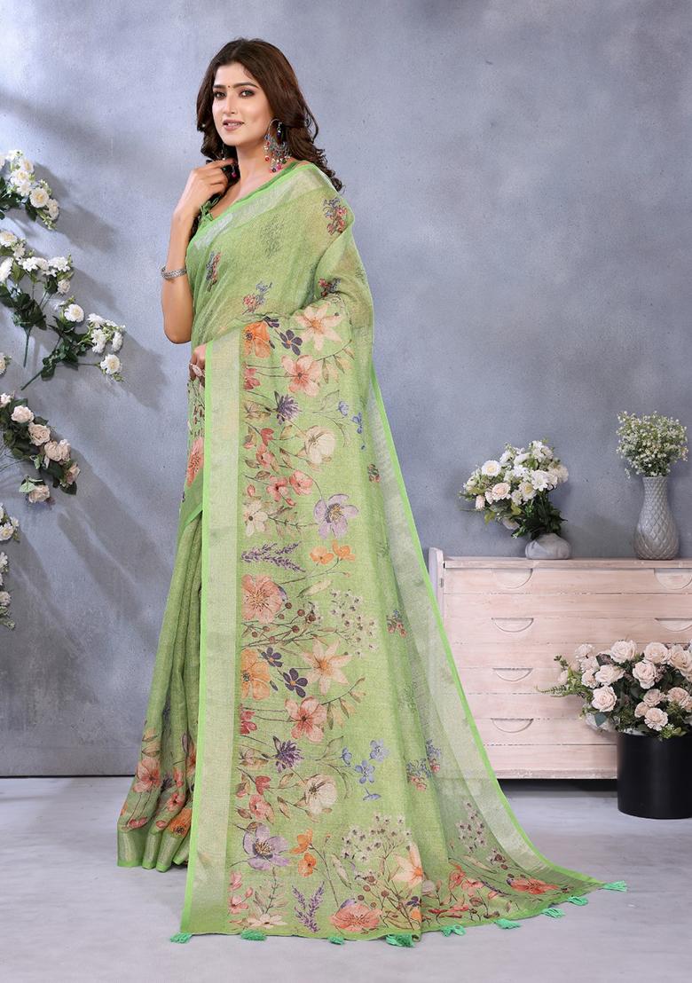 Light Green Printed Linen Saree Set - Indya